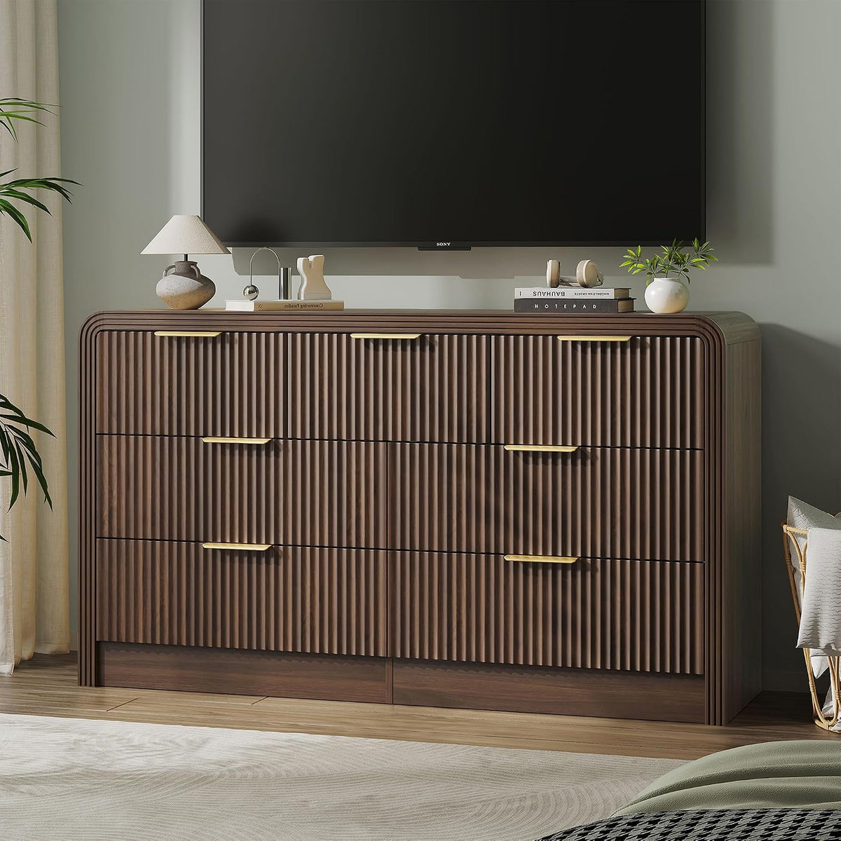 Decofy 55" W Fluted 7-Drawer Dresser for Bedroom, Walnut