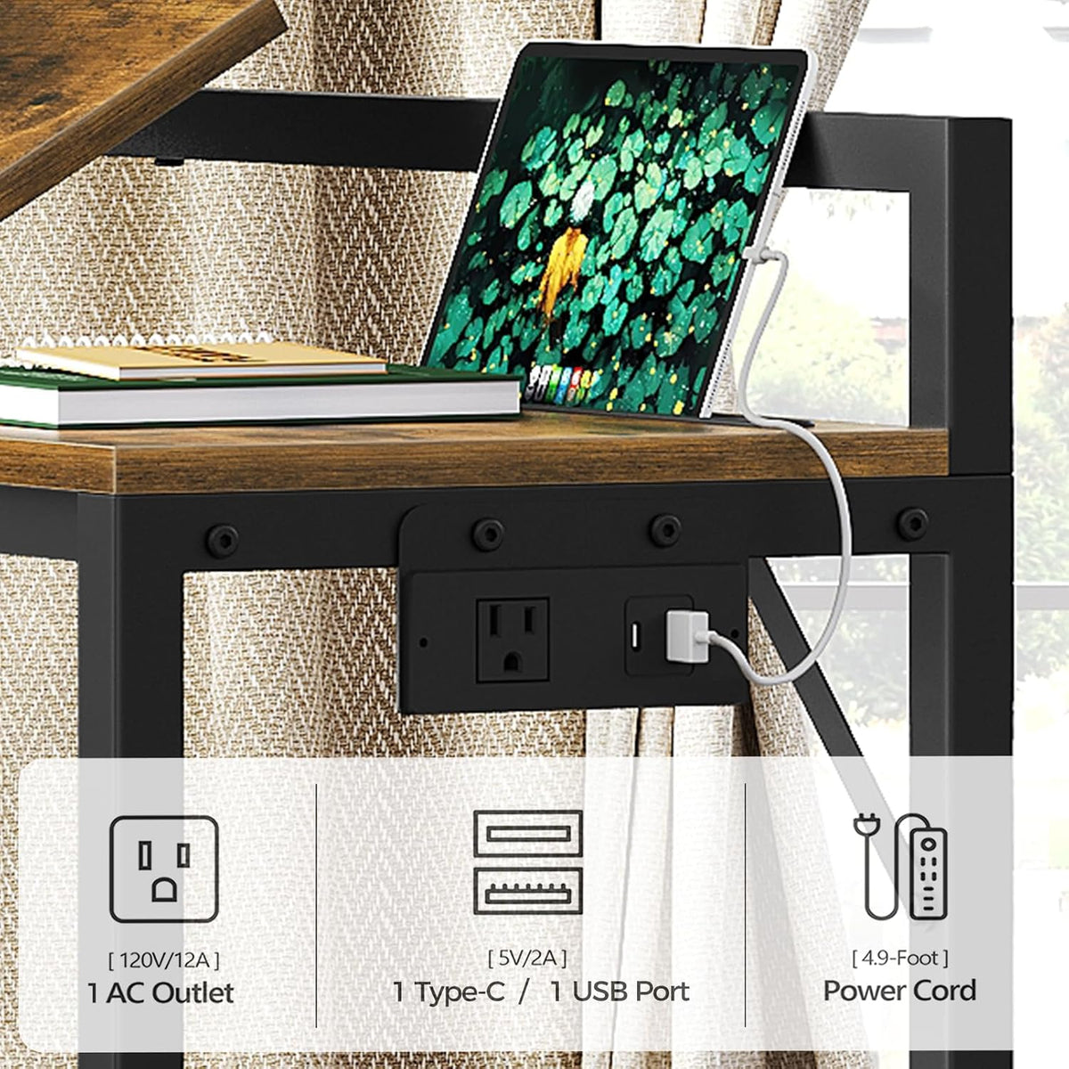 YATINEY Overbed Table with Wheels and Charging Station, 43.3" Recliner Table with Adjustable Stand and Storage, Chair Table for Sofa, Dormitory, Rustic Brown and Black SF03UBR