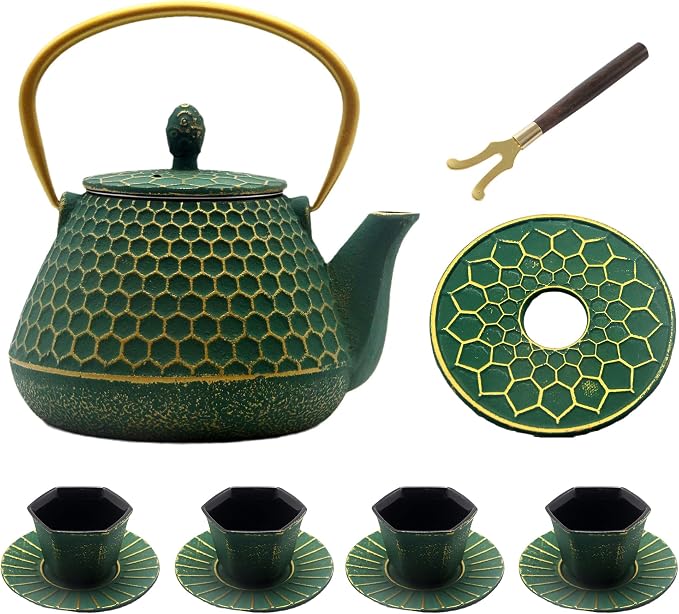 YJX Cast Iron Teapot and Tea Cups Set, 33.8oz Hexagon Pattern Tea Set