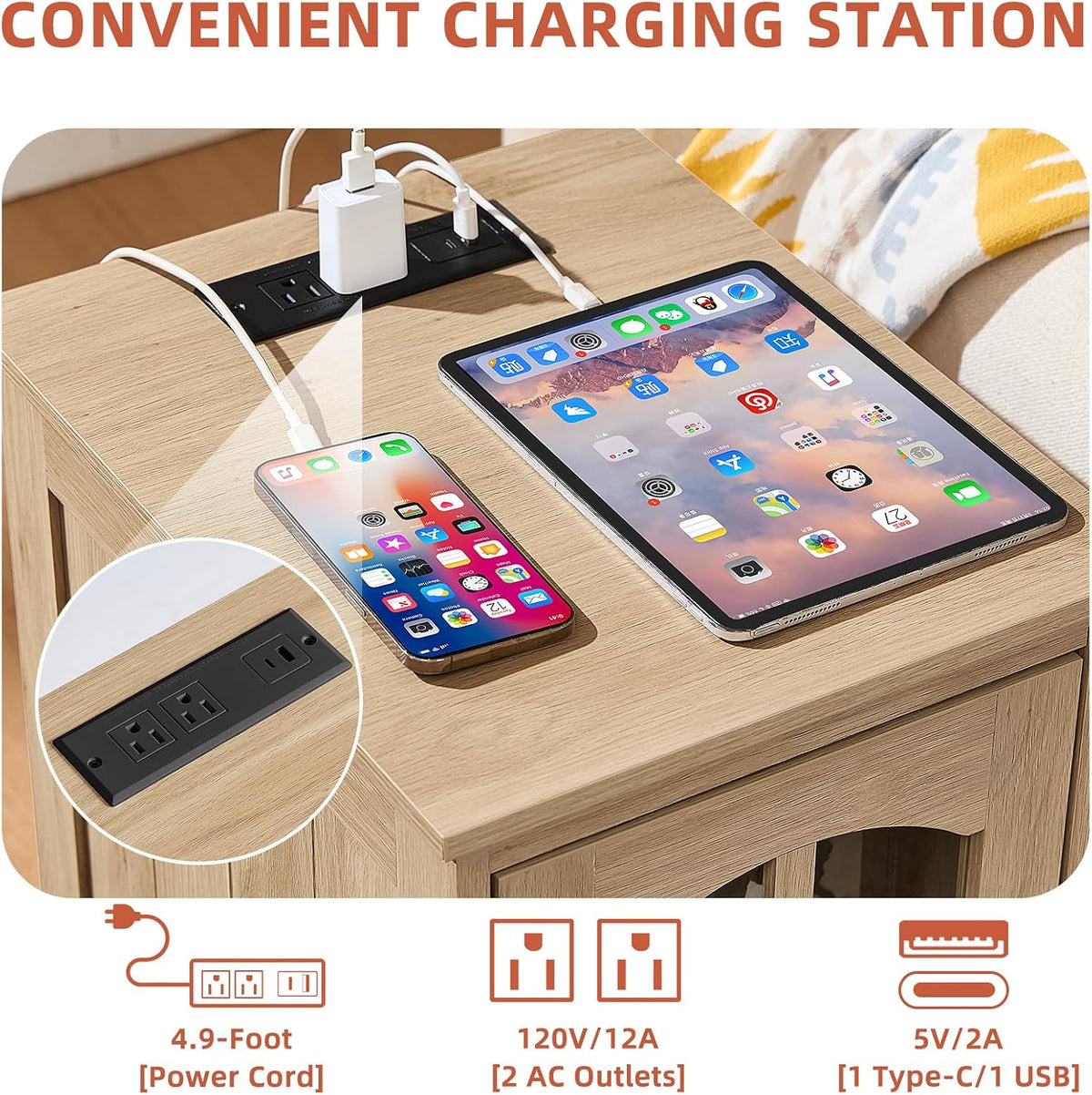 RWYHG Narrow Side Table, Farmhouse Nightstand with Charging Station