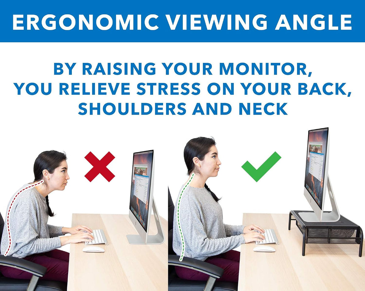 Mount-It! Metal Mesh Monitor Stand with Drawer, Ergonomic Desk Organizer and Riser for Monitors and Laptops, Desktop Stand with Extra Storage and Side Pocket, Black