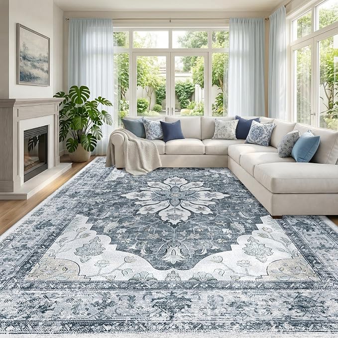 RELEANY Area Rugs Large 10'x12' Washable Non-Slip, Floral Vintage Distress