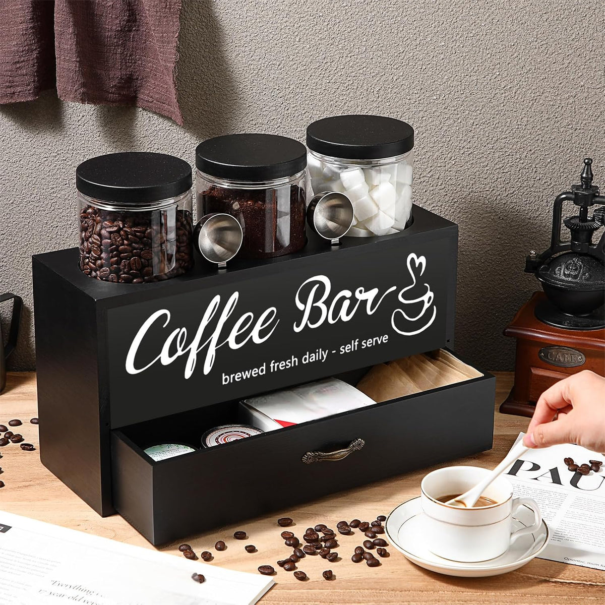 3 Pcs Coffee Bar Decor, Coffee Container Set with Scoop, Shelf