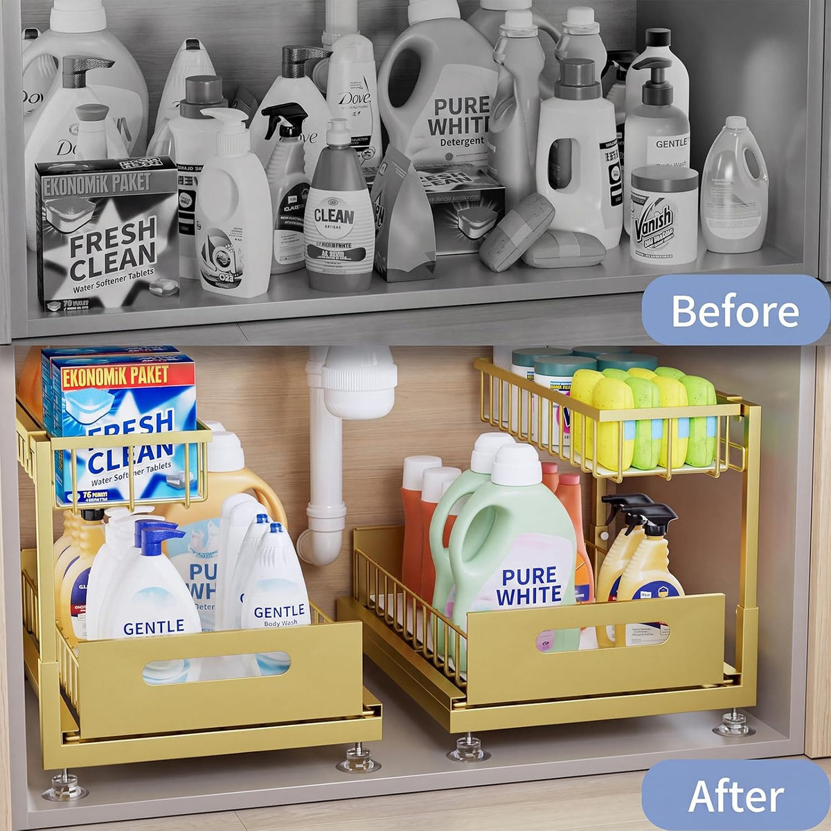 Saydear 2-Pack L-Shaped Under Sink Organizer, 2-Tier Pull-out Cabinet Rack