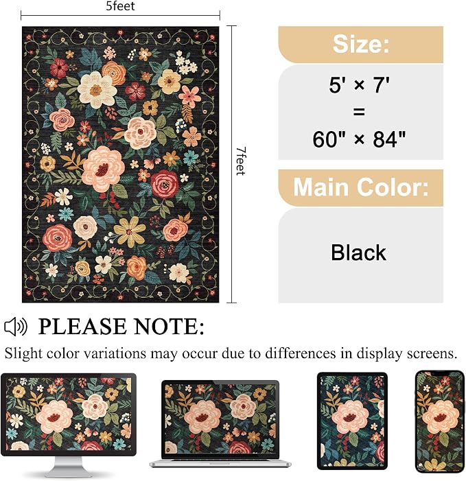 DUKINO 5x7 Area Rug, Floral Design, Lightweight Non Slip Washable, Indoor Low