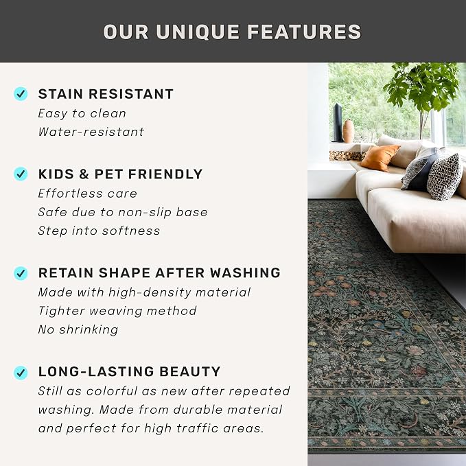 Washable Dark Green 10x12 Rug for Living Room
