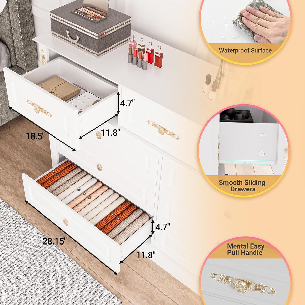 Bobve 63Wx39H Large Dresser White,9 Drawers Dresser for Bedroom,Retro Chest of Drawers with Gold Knobs, Wooden Storage Dressers, Bedroom Storage Organizer for Closet, Living Room, Hallway