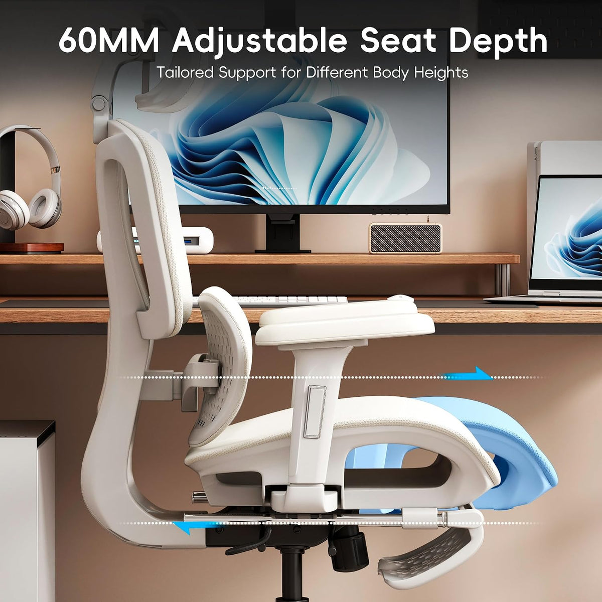 Vonesse Ergonomic Office Chair with Footrest, Desk Chairs with Dynamic Lumbar Support & Adjustable Depth Breathable Mesh Seat, Computer Gaming Chair with Adjustable 3D Headrest and Armrests (White)