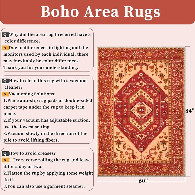 SERISSA 5x7 Boho Area Rug, Washable Non-Slip Rugs