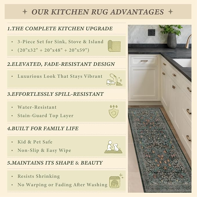Black Green Kitchen Rug Set of 3, Washable Non-Slip Mats