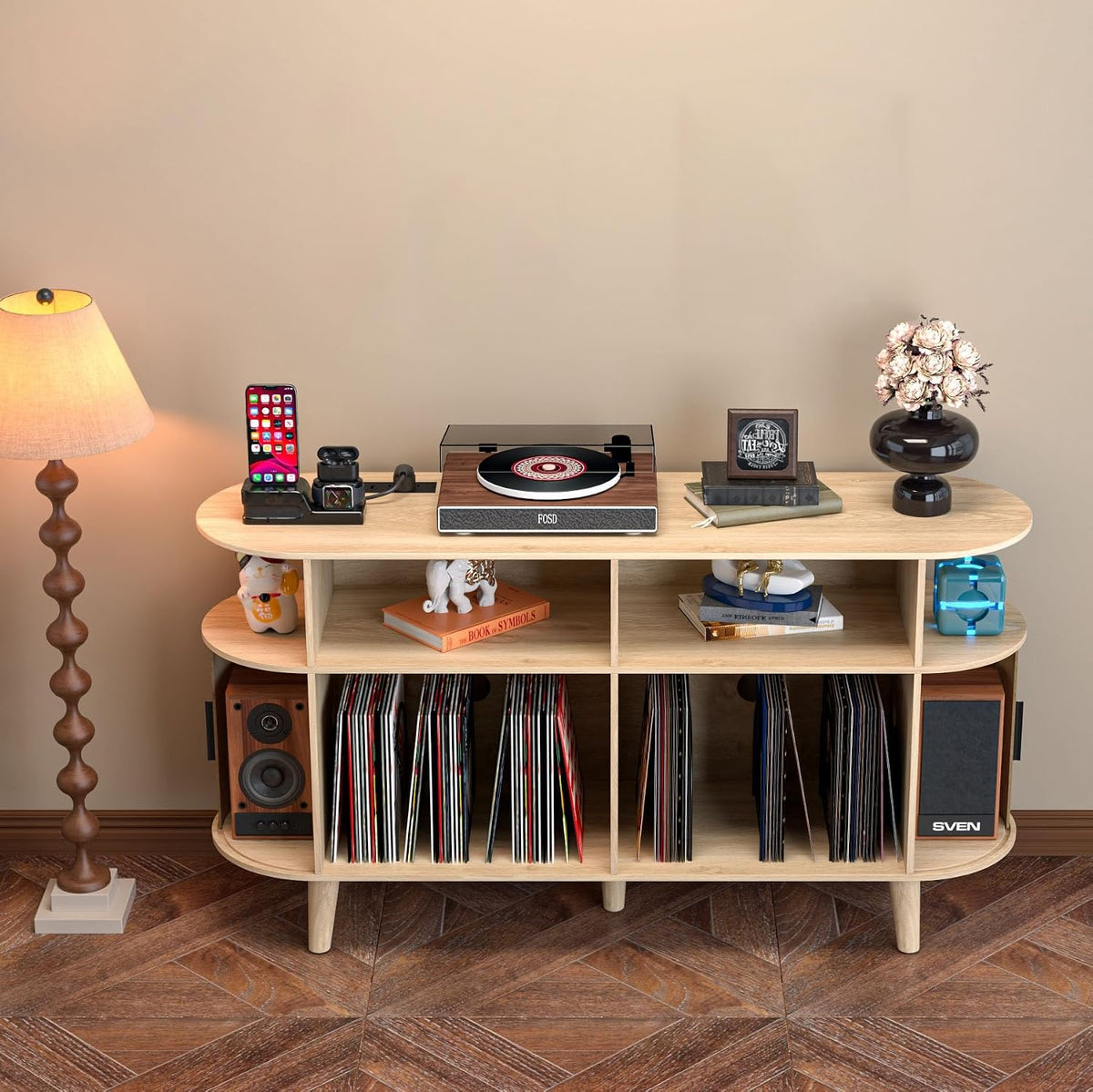 LUVIOHOME Large Round Record Player Stand with Charging Station & USB Ports