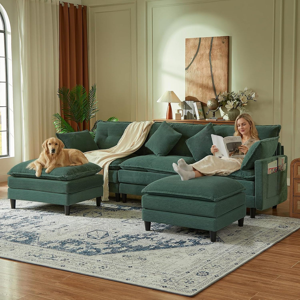 Match Ottoman Only for Cloud Modular Sectional Couch Sectional, Corduroy Footstool Extension for Sectional Sofa, Modern Soft Comfy Ottoman Cushioned Footrest for Living Room, Green