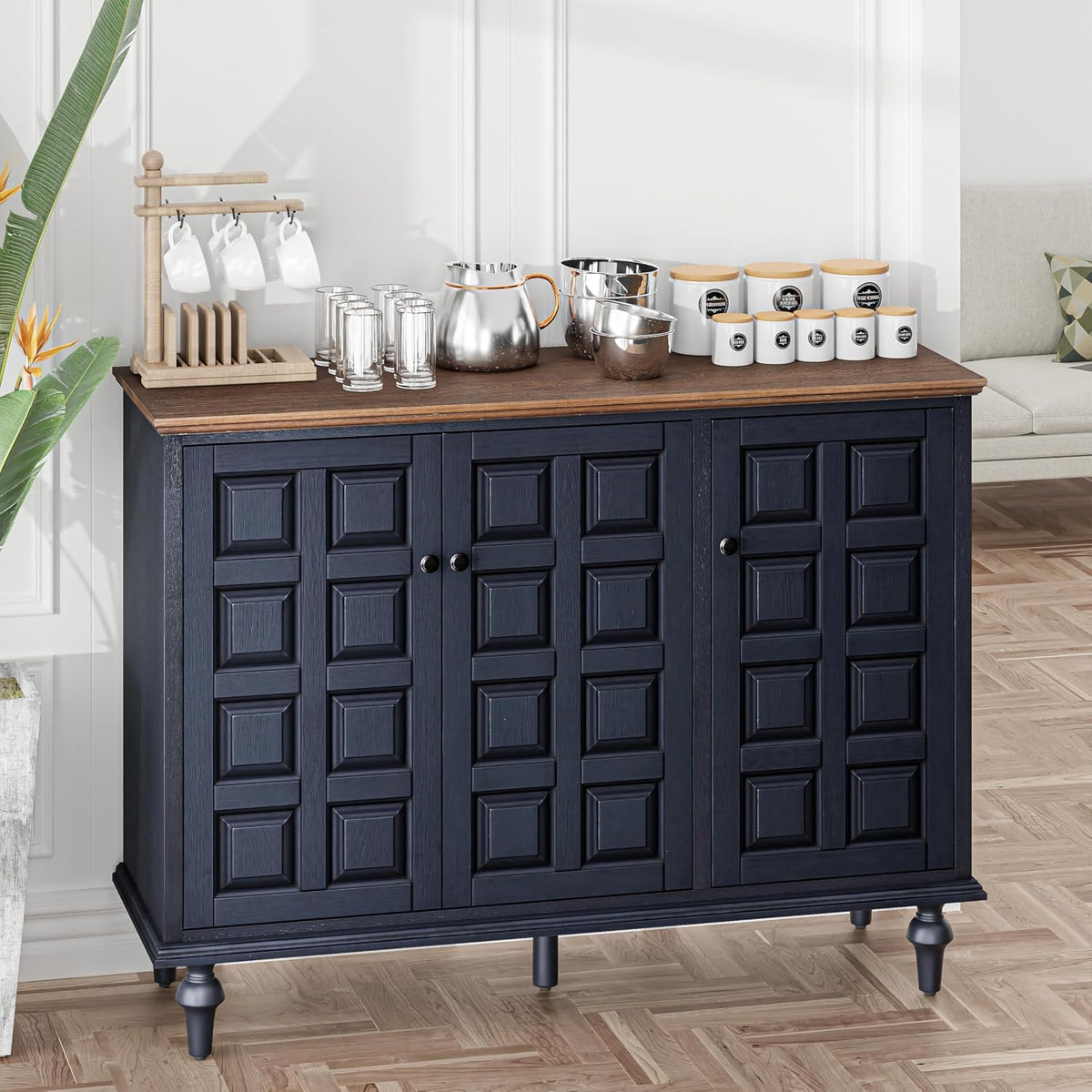 Aoikax Retro 3 Door Storage Cabinet X 2P with Plaid Pattern Front