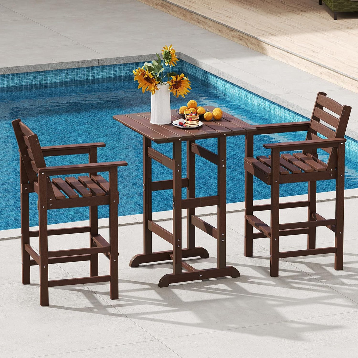Tangkula Patio Adirondack Chairs Set of 2, HDPE Bar Height Chair with Wide Armrests & Footrest, Outdoor High-Top Slatted Bar Chairs with Backrest for Backyard, Lawn, Poolside (Brown)