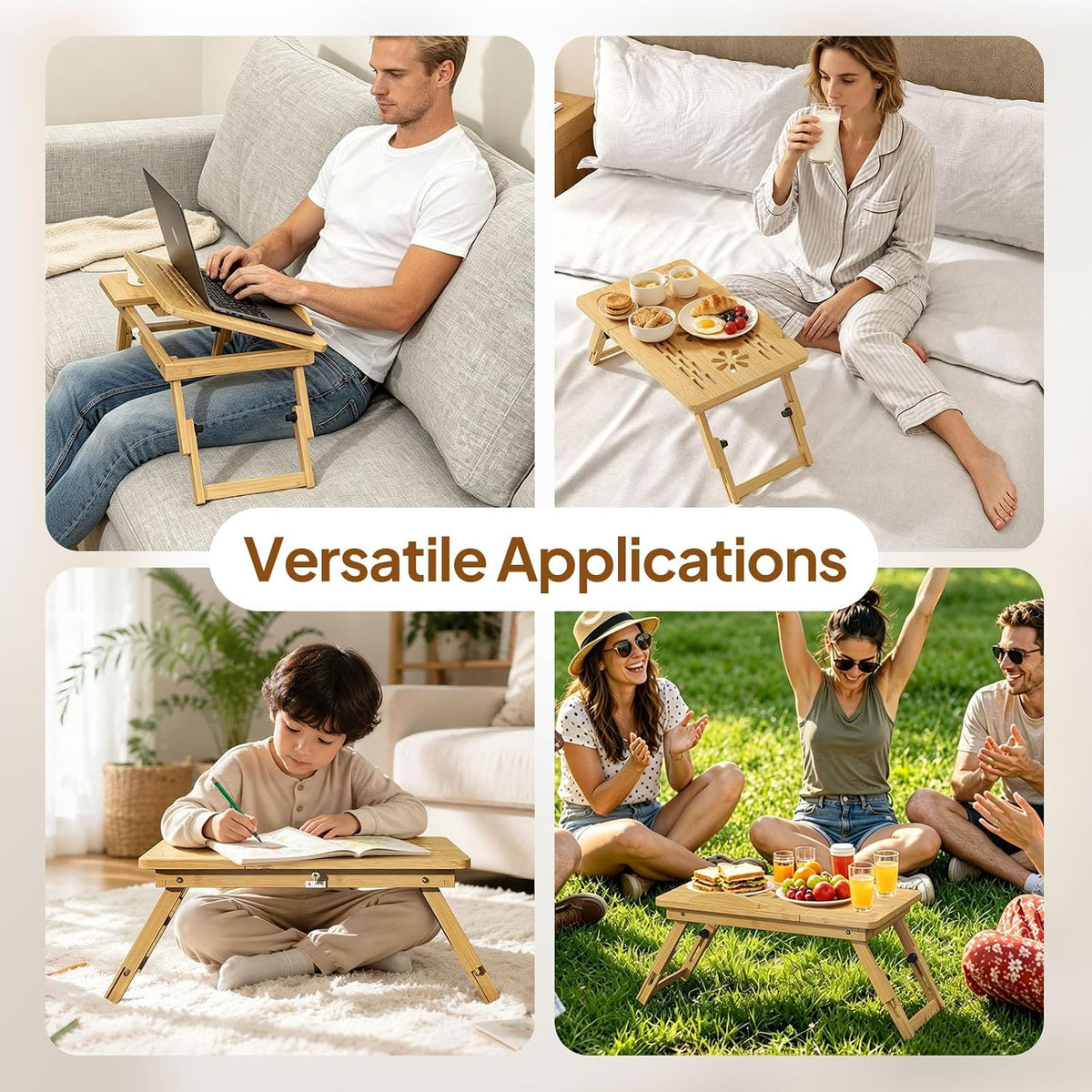 Bamboo Laptop Desk for Bed, Height & Angle Adjustable Foldable Lap Desk