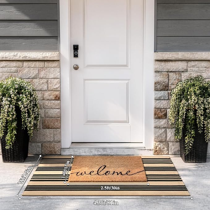Striped Outdoor Front Door Mat 24"x51", Cotton Hand Woven Washable Black and