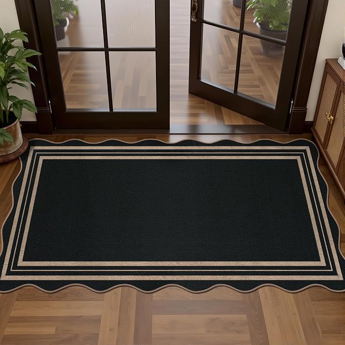 Scalloped Easy Jute Black Rug, 2x4 Front Door Washable Door Mat Non Slip Small