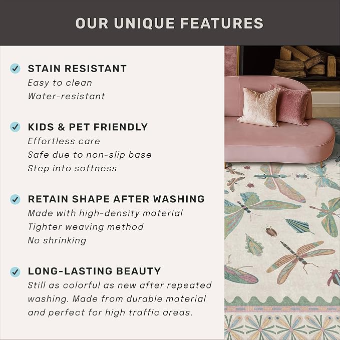 7x9 Green Butterfly Rugs for Kids Bedroom