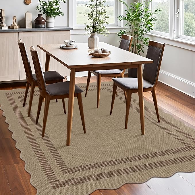 Scalloped 5x7 Rug for Living Room, Easy Jute Washable Outdoor Patio Carpet