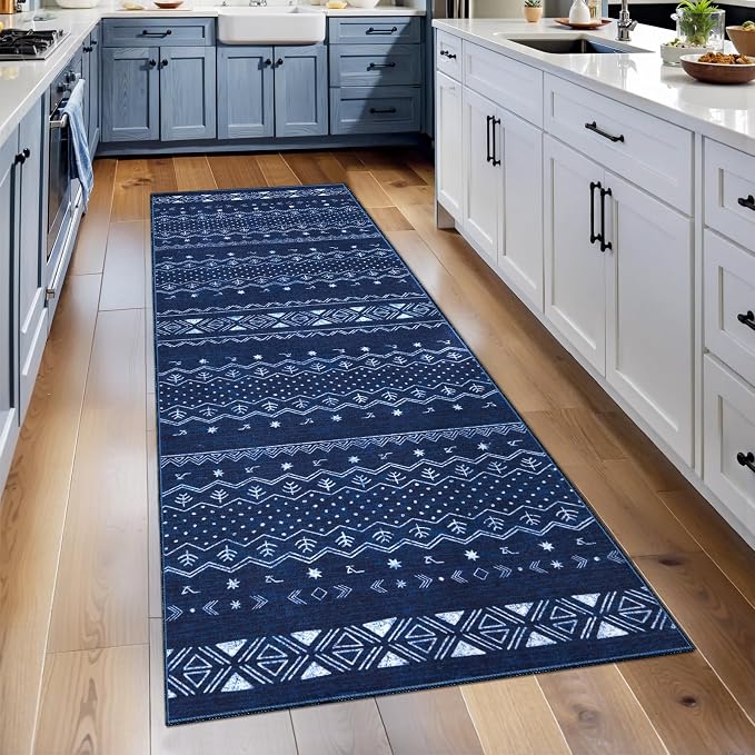 SERISSA 2x5 Kitchen Runner Rug, Washable Non-Slip Blue and White Boho Rug