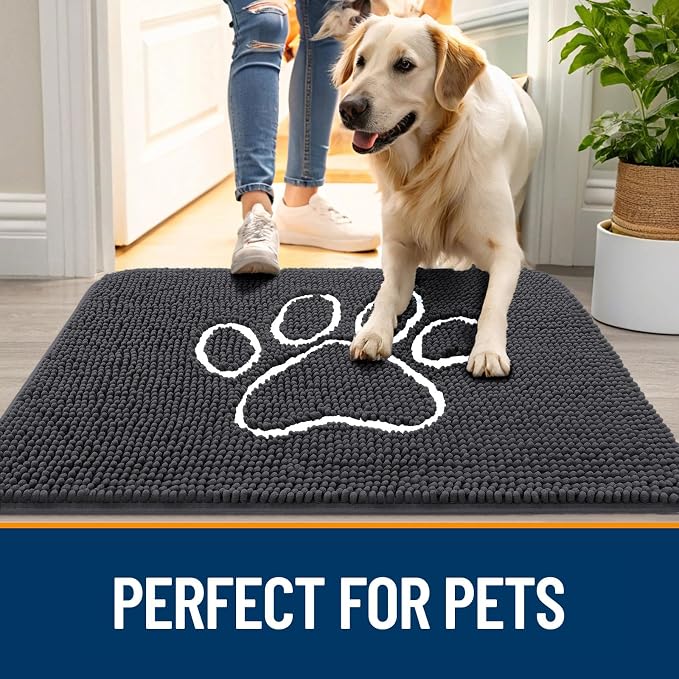 OLANLY Dog Door Mat for Muddy Paws 34x21, Paw Print Design, Absorbs Moisture