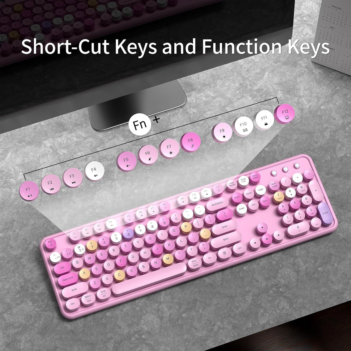 Cute Colorful Wireless Bluetooth Keyboard, Pink Colorful