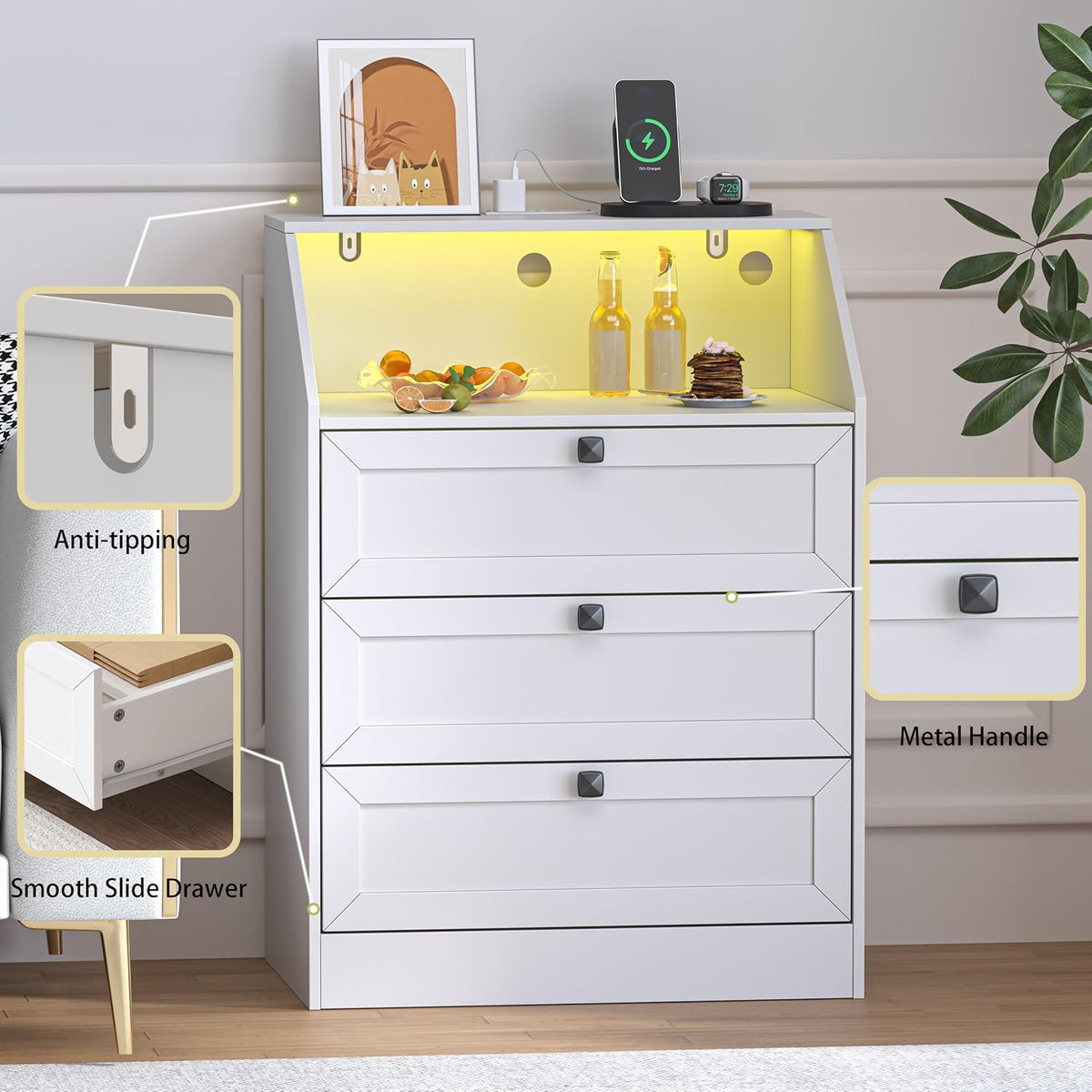 Wodeer White Dresser 3 Drawer Nightstand, Wood Night Stand with LED Lights, Charging Station, Metal Handles, Modern Storage Cabinet and Organizer Drawers for Living Room, Hallway