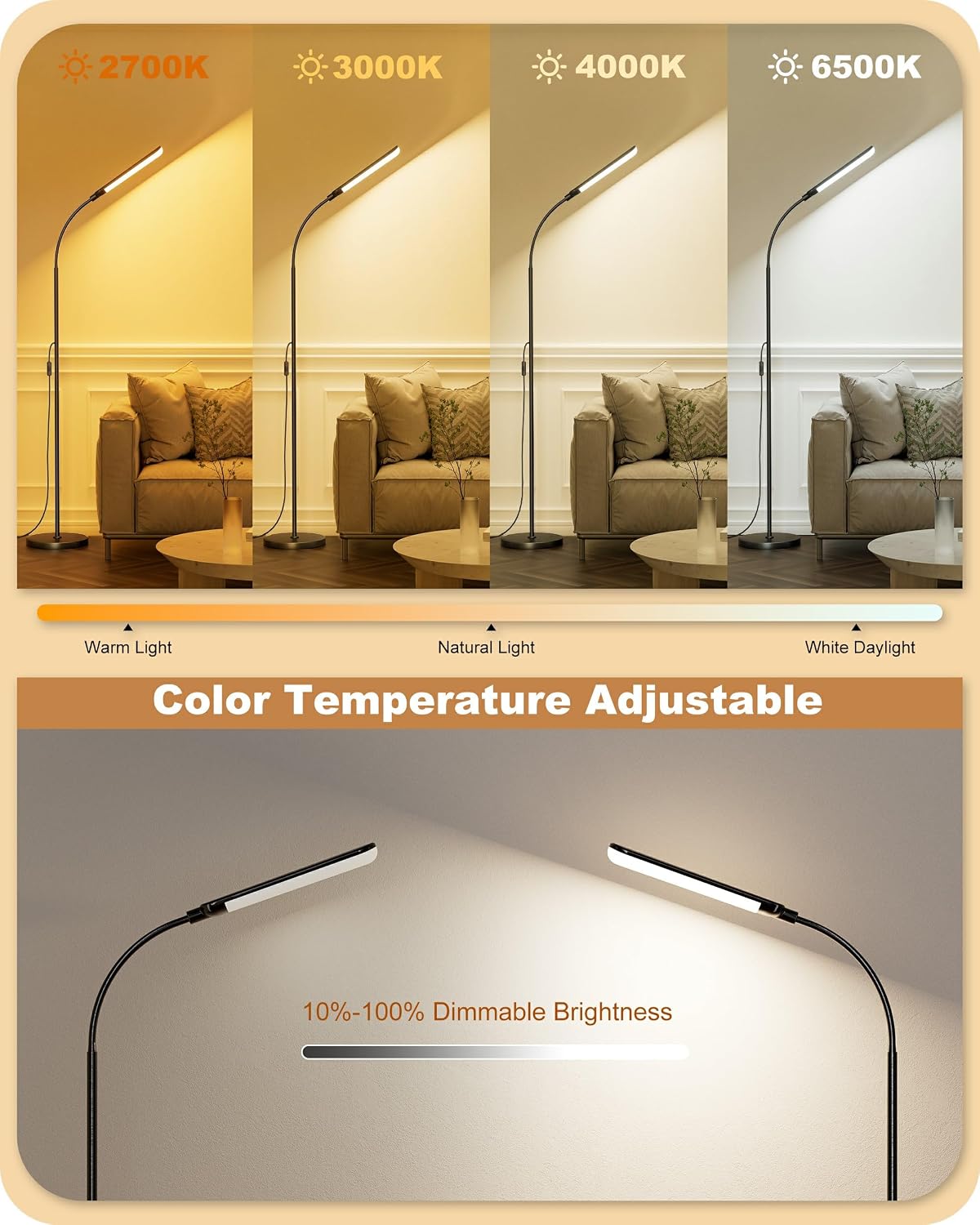 mukuxin LED Floor Lamp, 18W/1800lm Bright Reading Floor Lamp with Remote, Stepless Dimming, 2700K-6500K Color Temperature & Eye-Caring, Gooseneck Modern Standing Light for Living Room Bedroom Office