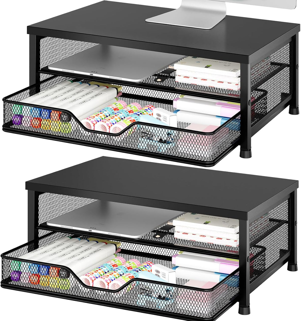 OPNICE Computer Monitor Stand Riser, Desk Organizer with Drawer, Printer & Laptop Stand, Office Desk Accessories & Workspace Desktop Organizers Storage for Office Supplies(Black 2-Pack)