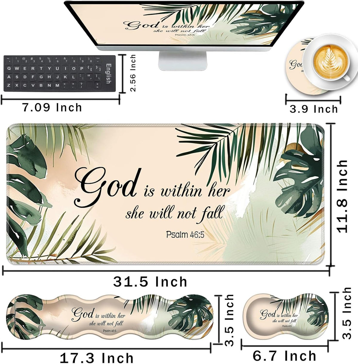 Keyboard Wrist Rest and Mouse Pad with Wrist Support Set Ergonomic Coaster,Memory Foam,Easy Typing Pain Relief,Large XL Desk Mat 31.5"x 11.8",Matcha Green Plant Abstract Bible Verse Psalm 46-5