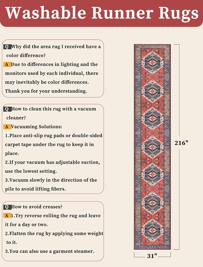 SERISSA Runner Rug for Hallways, Extra Long Boho Rug Ultra Soft Vintage Rust