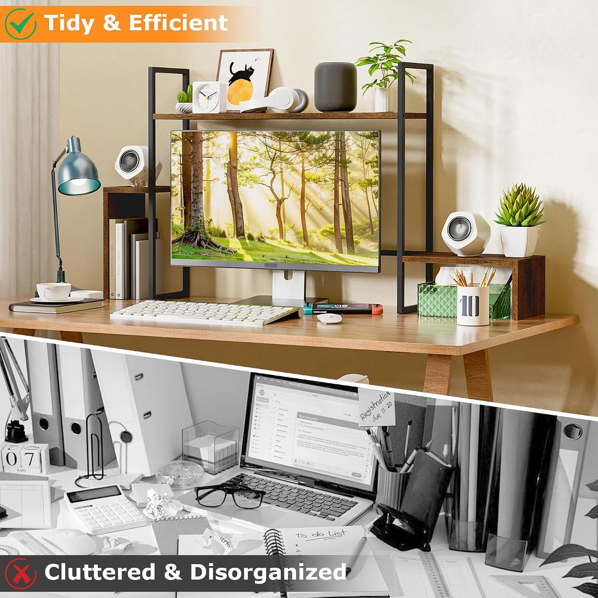 WelFurGeer LED Desk Shelf Organizer with RGB Light Strip, 2-Tier Desktop Shelf for Computer Monitor, Sturdy Metal Frame & Wood Shelves - Desk Hutch Bookshelf for Home Office, Dorm, Gaming (Brown)