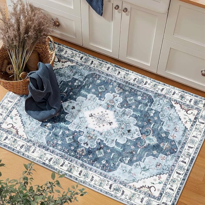 SERISSA Boho Rugs for Entryway, 2x3 Blue Entryway Rug Non-Slip Washable Small