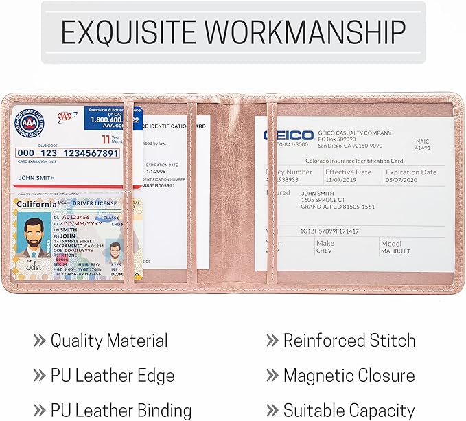 CANOPUS Car Registration and Insurance Holder, PU Leather Card Holder, Vehicle Glove Box Organizer for Auto, SUV, Truck and Motorcycle, Rose Gold