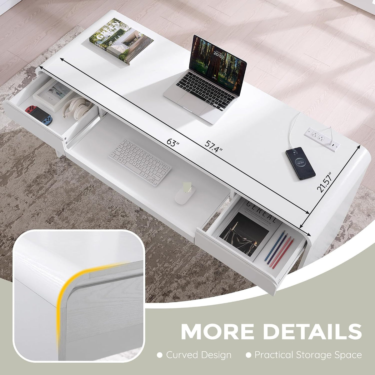 63" Modern Computer Desk with 2 Drawers, Wood Curved (White)