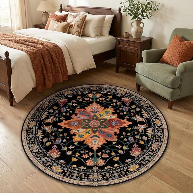RELEANY Area Rugs Round 4ft Washable Non-Slip, Floral Vintage Distress