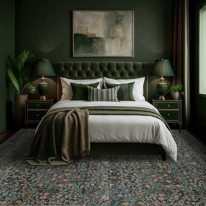 Washable Dark Green 10x12 Rug for Living Room