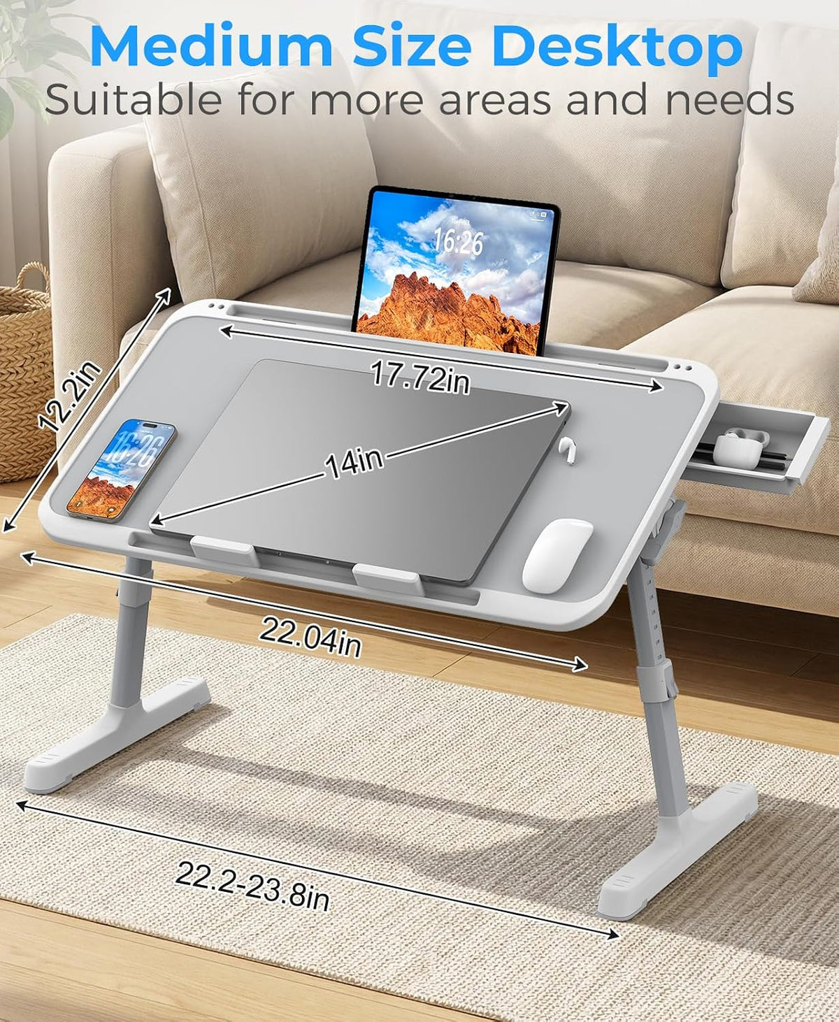HETTHI Bed Laptop Table Adjustable Foldable Laptop Stand 22.04×12.2in Gray