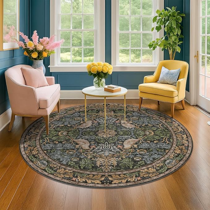 Washable Round Area Rugs 6ft for Living Room, Vintage Large Boho Floral Bird