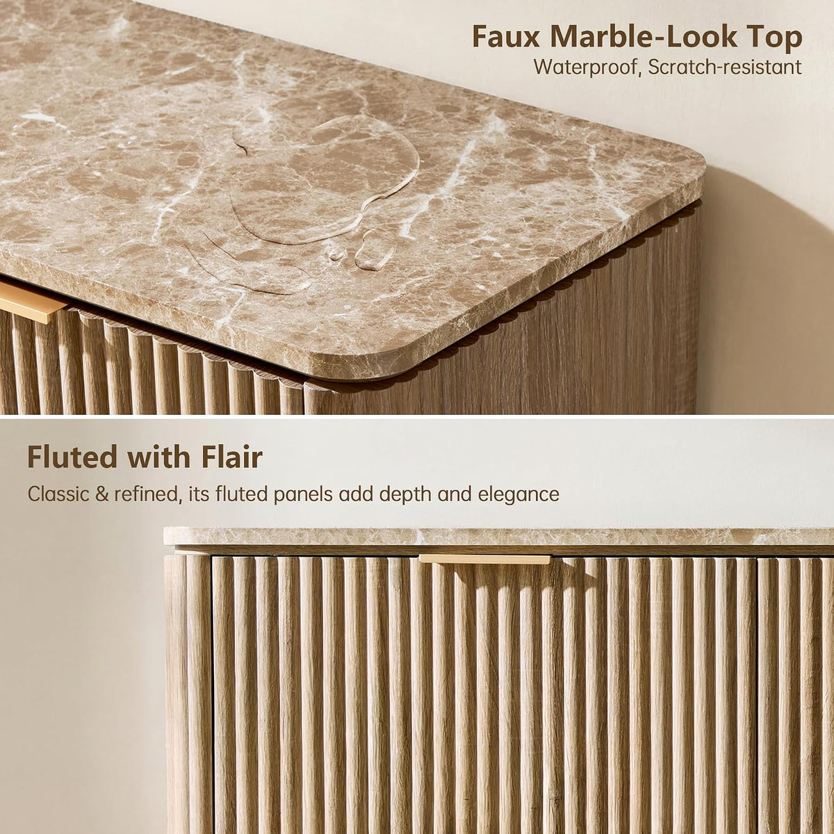 54"W Fluted 6 Drawer Bedroom Dresser, with Faux Marble Top,Natural Oak