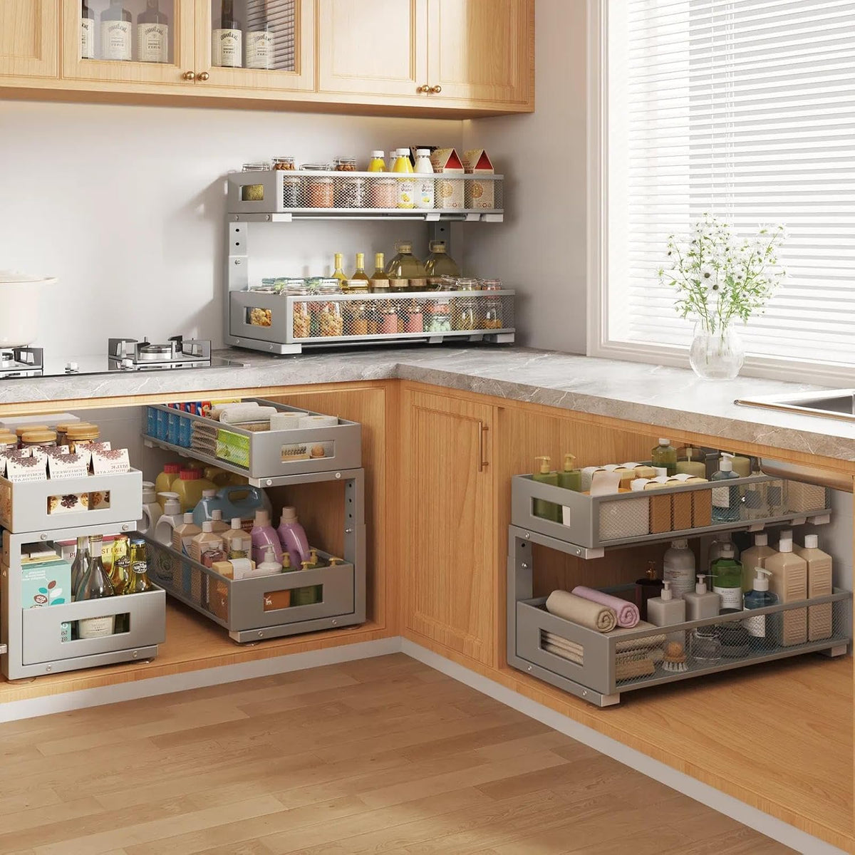 2 Packs 21IN Depth Under Sink Organizer, 2-Tier Pull Out Cabinet Organizer With Smooth Circular Rail, Large Capacity Metal Mesh Sliding Drawers For Bathroom& Kitchen Storage,Height Adjustable-Gun Gray