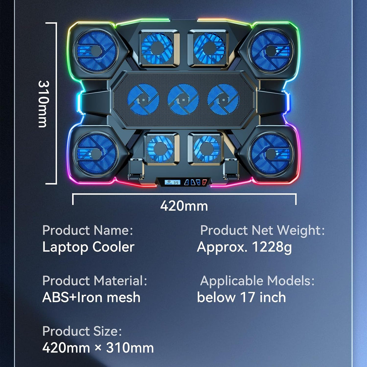 Gaming Laptop Cooling Pad - 11 High Speed Turbo Fans Ultra Quiet Laptop Cooler Stand with RGB Lights Digital Display Height Adjustable for 17 Inch Laptop