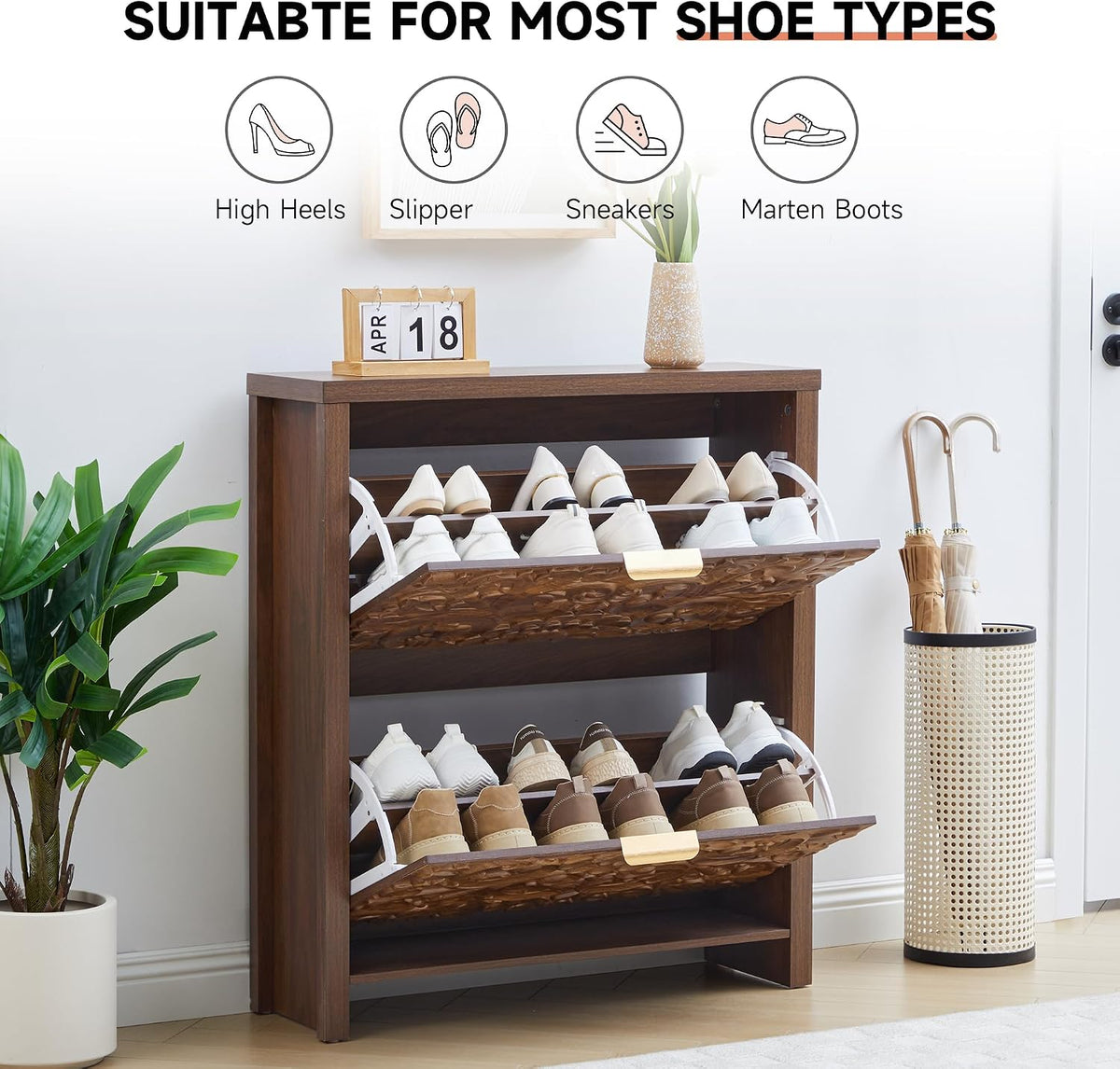Shoe Cabinet with Flip Drawers, Narrow Shoe Storage Cabinet, 2-Tier Hidden Shoe Organizer with Floral Embossed for Entryway, Mid-Century Modern Slim Shoes Storage for Hallway Foyer (1, Walnut)
