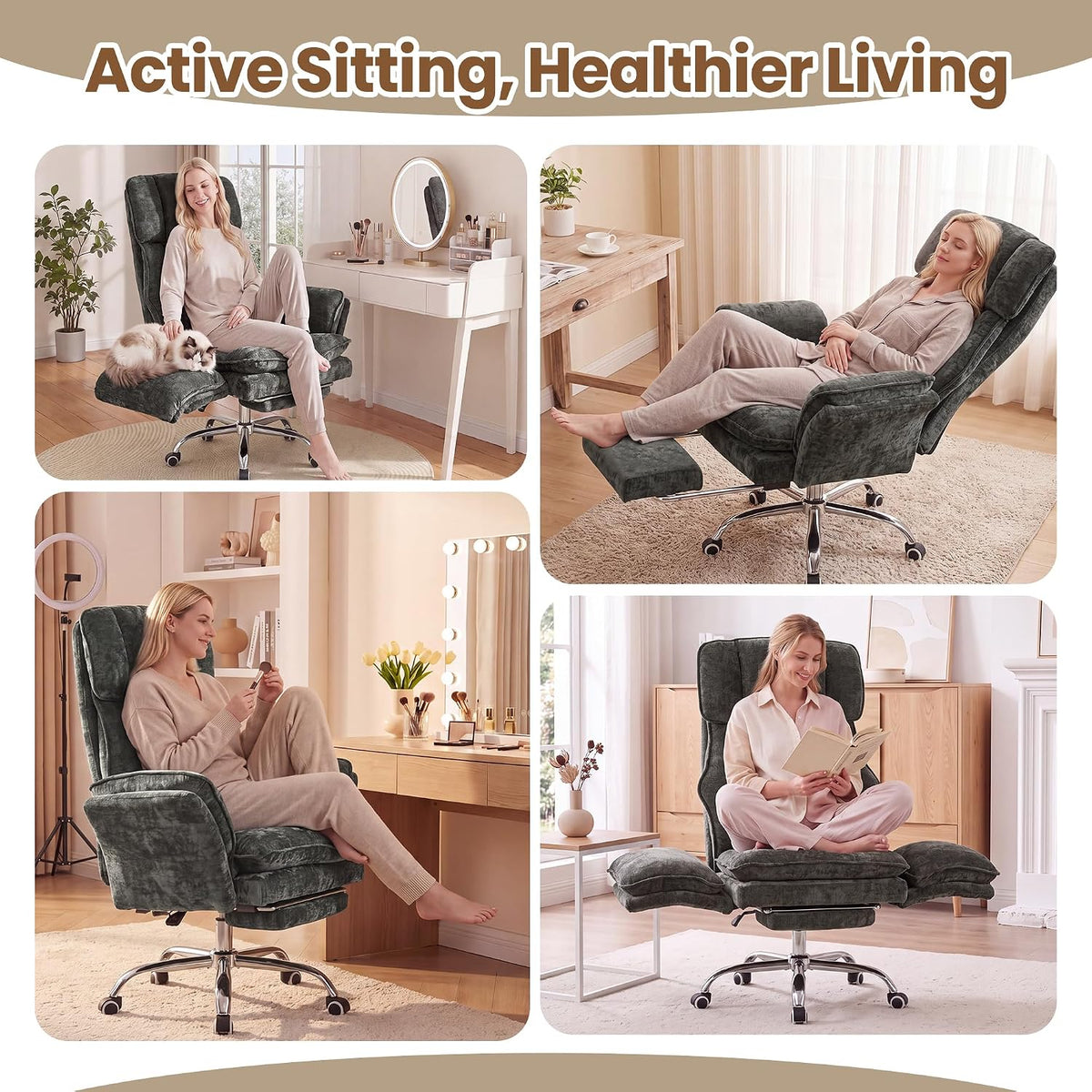 Big and Tall Office Chair with Flip Arms and Footrest, Chenille Criss Cross Legged Home Office Desk Chair with Pet Seat, Comfy Reclining Computer Gaming Chair, Dark Grey