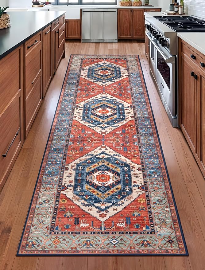 SERISSA Runner Rug for Hallways, Long Boho Rug Vintage Rust Hallway Stair Ultra