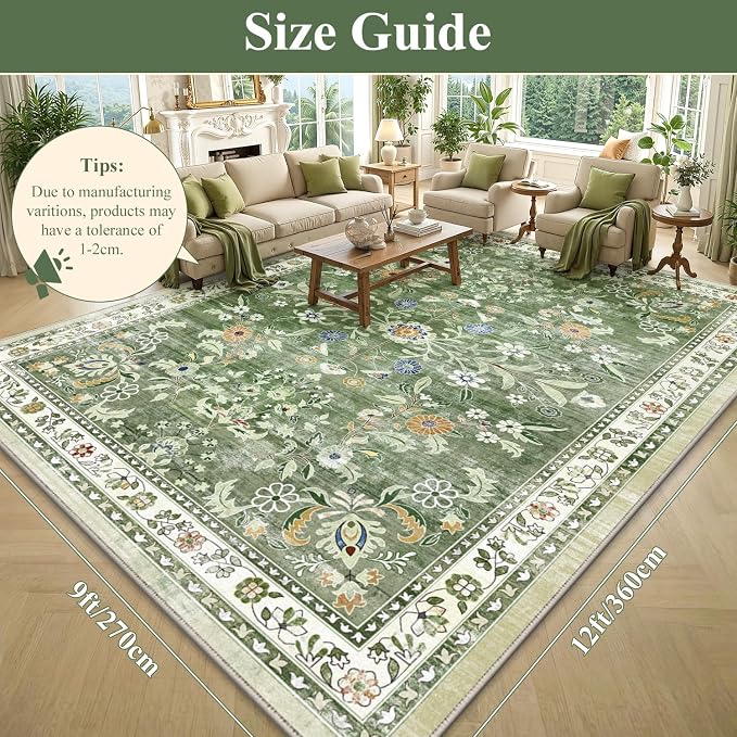 Yamaziot Washable Area Rug 9x12 – Large Non-Slip Boho Floral Living Room Rug