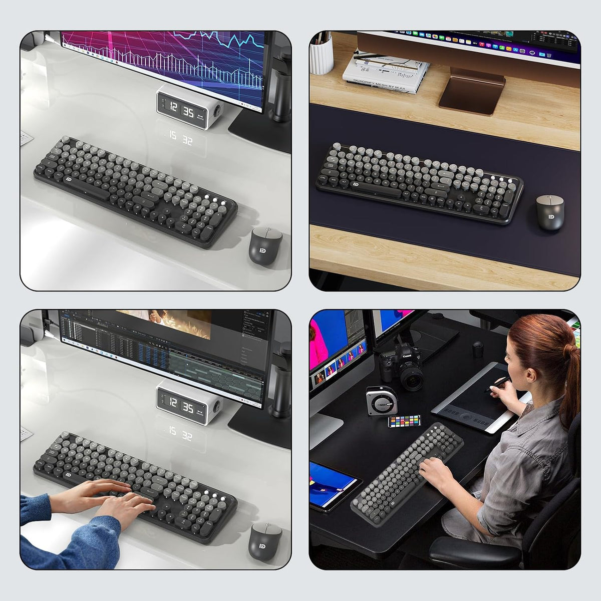 FD Wireless Keyboard and Mouse Combo - 2.4G Full-Sized Cute Colorful Mouse and Keyboard with 104 Round Keys Retro Typewriter Keyboards for Laptop/Windows/PC - Grey Gradient