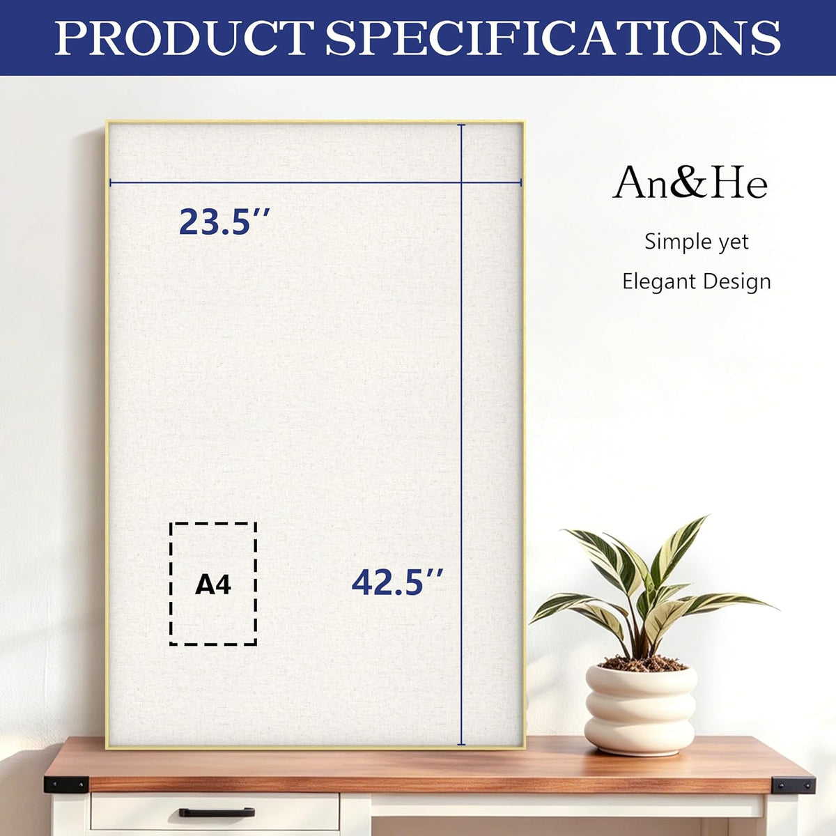An&He Bulletin Board 24 x 36 Inches, Linen Pin Board with Sawtooth Hangers & 10 Push Pins, Wall Mounted Cork Notice Board for Office, Home, School, Classroom, Gold