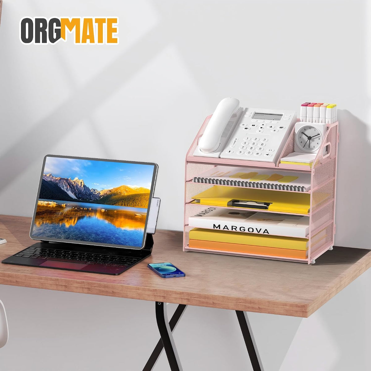 5 Tier Mesh Desk Organizer with Pen Holder and Handle Letter Tray
