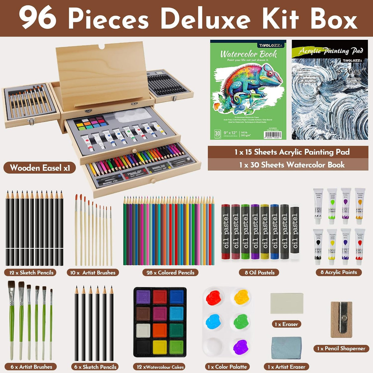 conda 96 Piece Premium Wooden Art Set with 2 Drawing Pads - Painting & Drawing Supplies Kit with Watercolor, Acrylic Paints, Brushes & More Art Supplies for Artists Adults Teens Girls